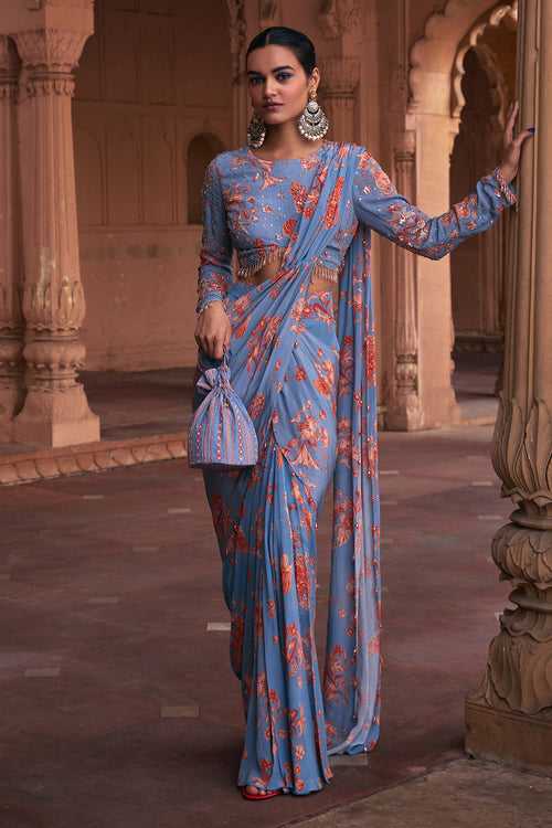 SLATE BLUE FLORAL PRINT & HIGHLIGHTED SAREE SET