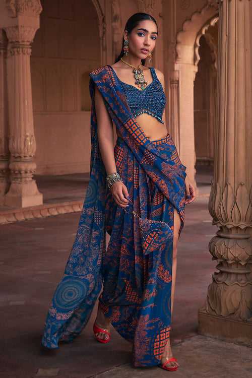 TEAL THIKRI PRINT & EMBROIDERED SAREE SET