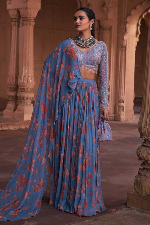 SLATE BLUE FLORAL PRINT & HIGHLIGHTED SAREE SET