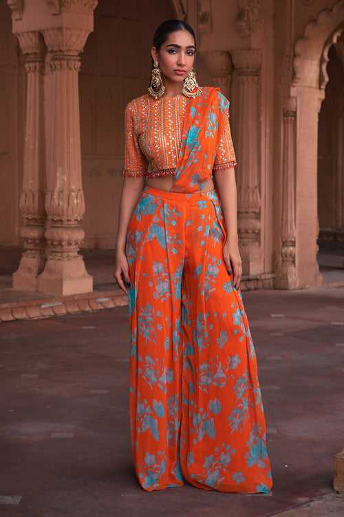 TANGERINE FLORAL PRINT & HIGHLIGHTED SAREE SET