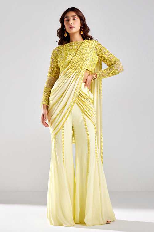 Pastel Yellow Embroidered Saree Set