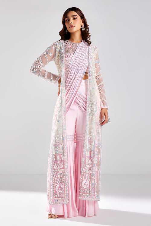 Blush Pink Embroidered Cape With Saree Set