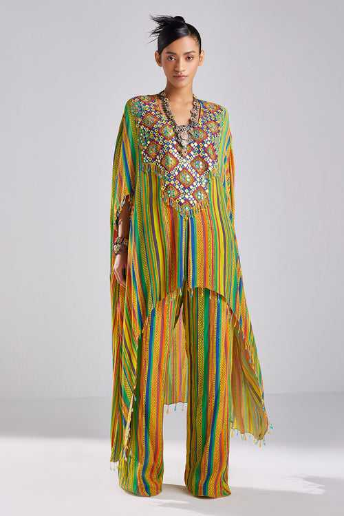 Yellow Print & Embroidered Kaftan Set