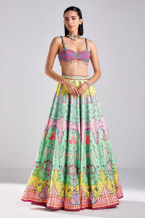 Neon Traditional Flower Print & Embroidered Lehenga Set