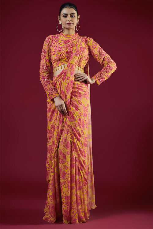 Pink Print & Embroidered Saree Set