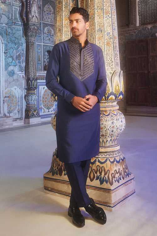 Dark blue placket embroidered kurta set