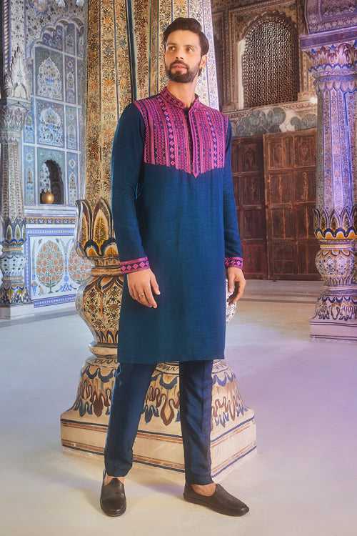 Teal blue thread and cutdana embroidered kurta set