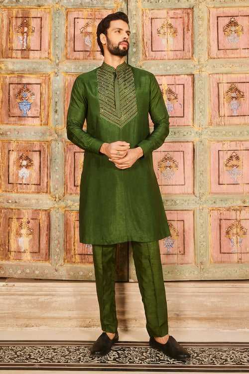 Olive green embroidered kurta set