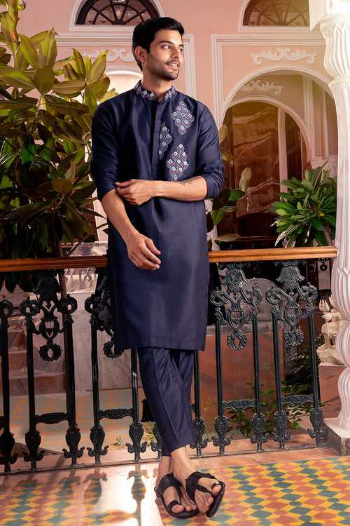 Dark Blue Embroidered Kurta & Pants