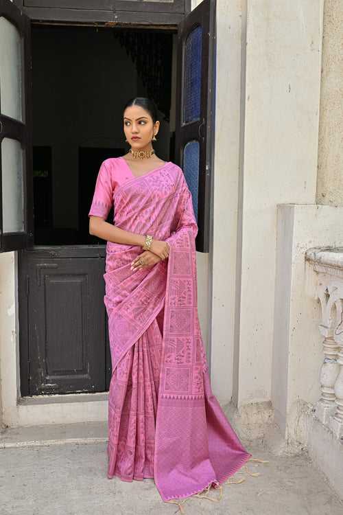Ritual Taffy Pink  Kalamkari Woven Raw Silk Saree