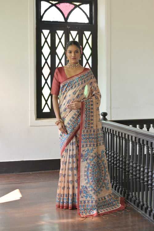 Beautiful Terracotta Red Madhubani Printed Tussar Silk Saree