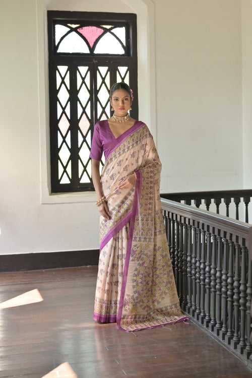 Beautiful Purple Wine Madhubani Printed Tussar Silk Saree