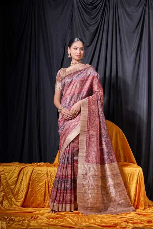 Gorgeous Pastel Maroon Printed Tussar Silk Saree