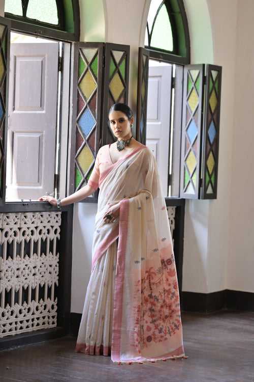 Stunning Smoke White Thread Woven Muga Cotton Silk Saree