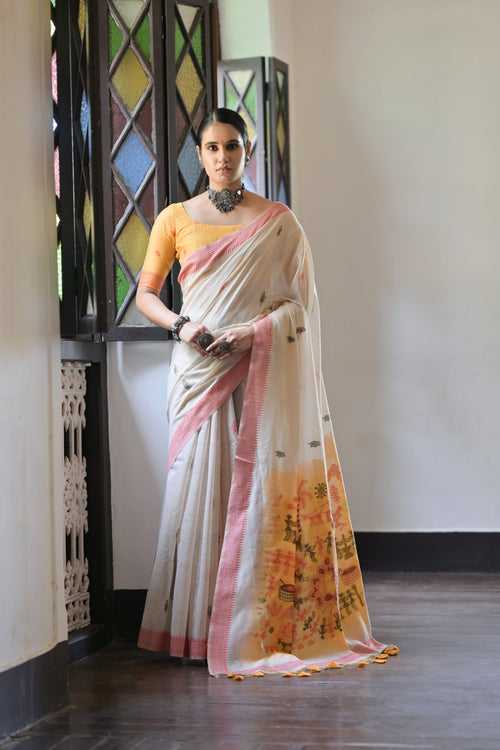 Stunning Snow White Thread Woven Muga Cotton Silk Saree