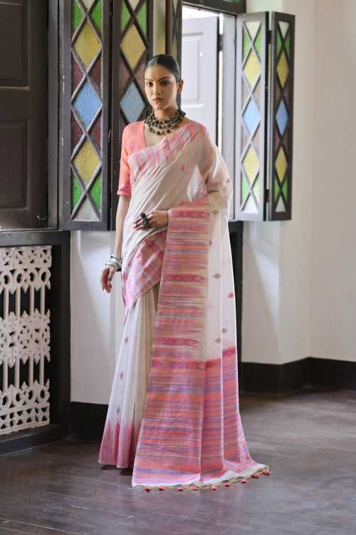 Traditional Pastel Peach Muga cotton Silk Saree