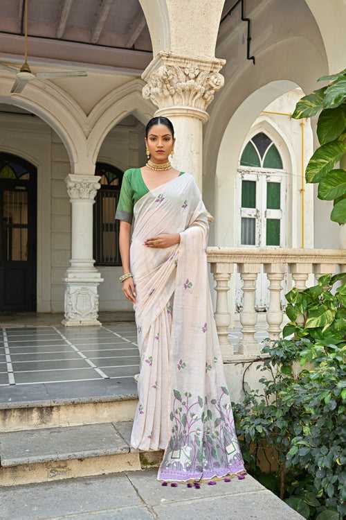 Sober Cotton White Muga Cotton Woven Saree