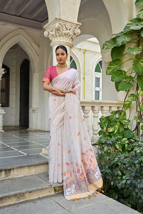 Sober Rice White Muga Cotton Woven Saree