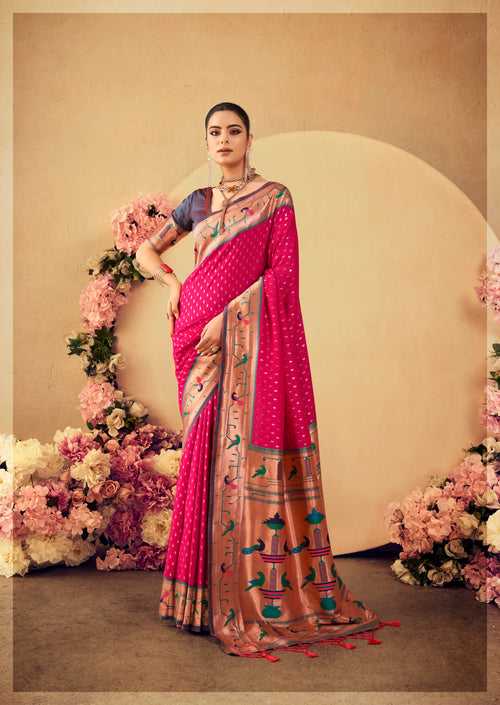 Gorgeous Neon Pink Woven Paithani Silk Saree