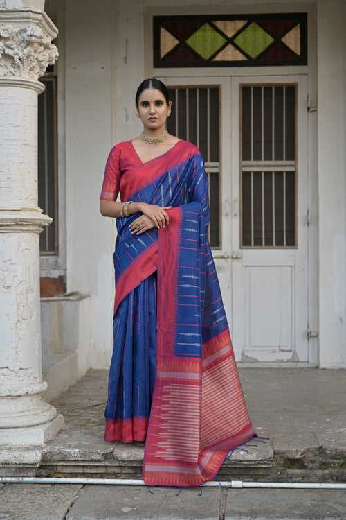 Indigo Blue Linen Raw Silk Saree