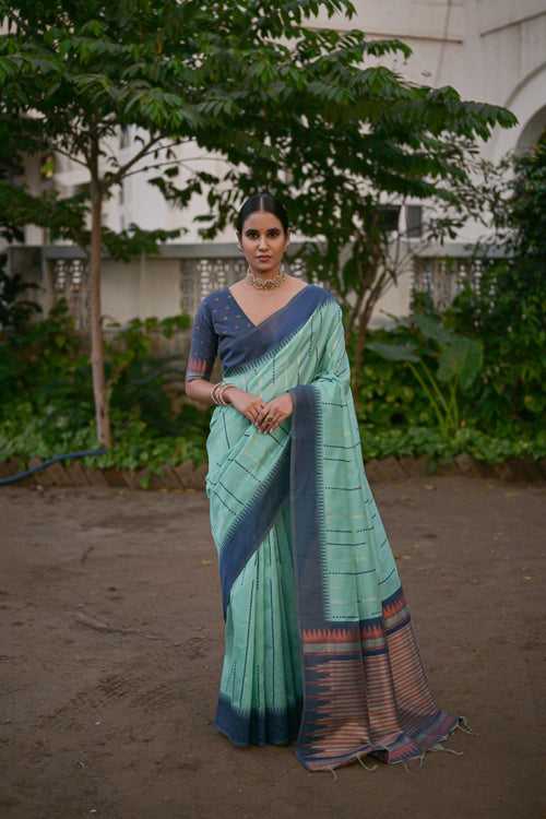 Middle Blue Green Linen Raw Silk Saree