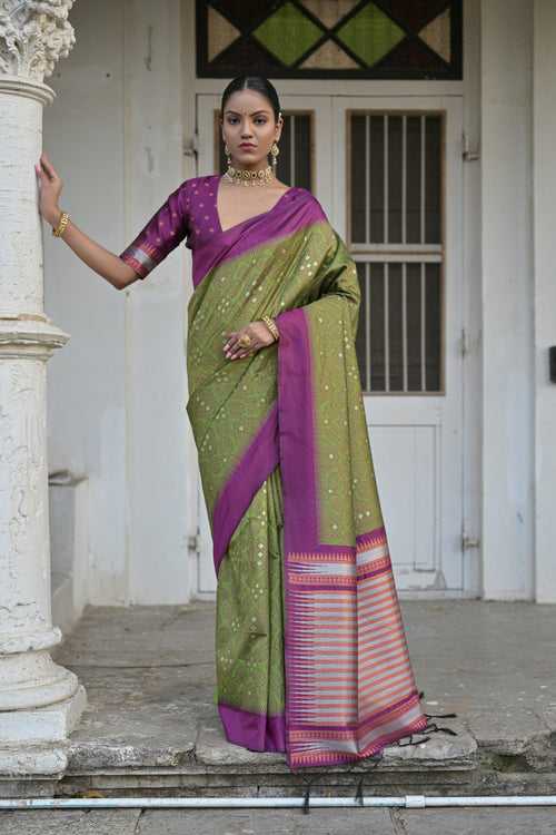 Alligator Green Badhani raw silk saree