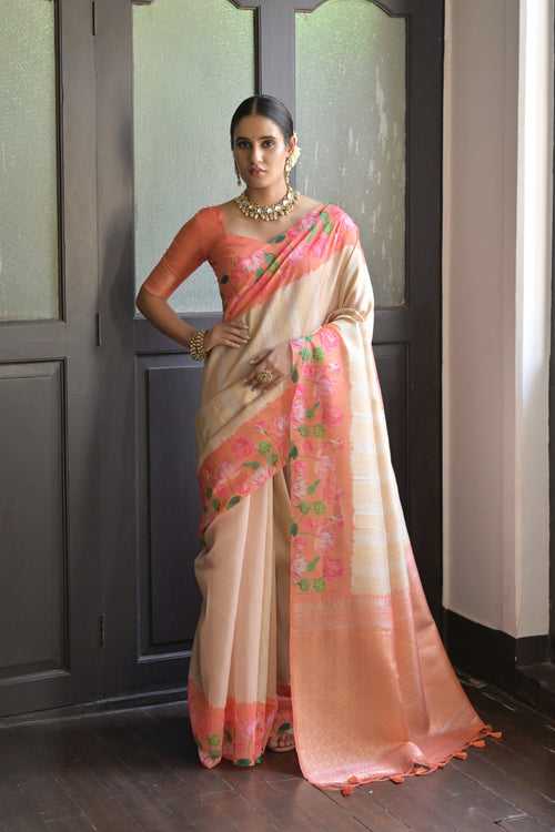 Blaze orange Banarasi Silk Printed saree