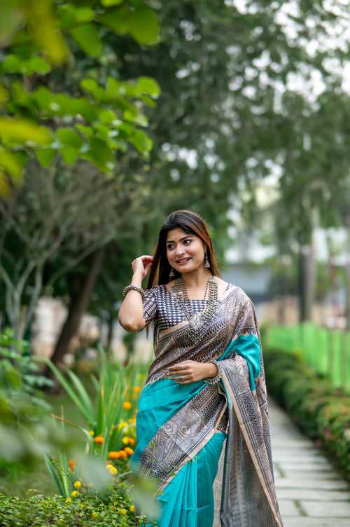 Teal Blue Madhubani Printed Silk Saree