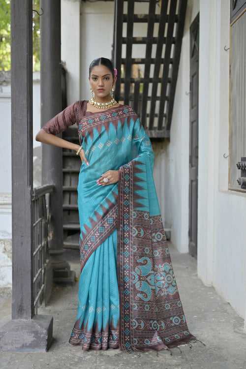 Aquamarine Blue Yogita Printed Tussar Silk Saree