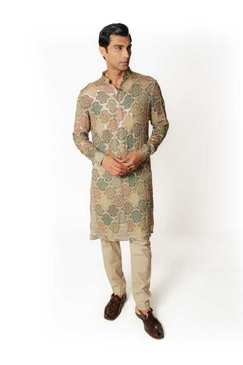 GREEN MULTICOLOR BANDHANI KURTA WITH PANTS