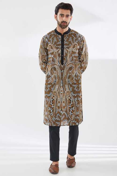 BLACK WITH IVORY/GOLD KASHMIRI EMBROIDERED UNLINED KURTA AND PANTS