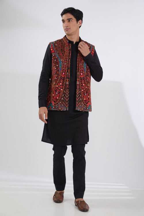 BLACK WITH MULTI RESHAM BUNDI,AND SELF COTTON KURTA AND PANTS