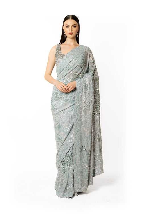 ZAYNAAB SILVER GREY SARI SET