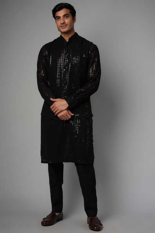 BLACK FULL SEQUIN DIBBI JAAL UNLINED GORGETTE KURTA  W PANT