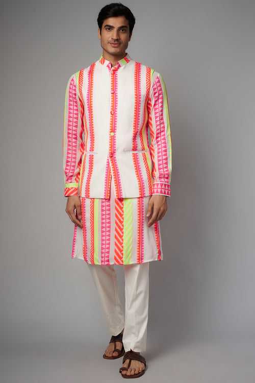 IVORY/RANI  STRIPE PRINT COTTON UNLINED KURTA  W BUNDI W PANT