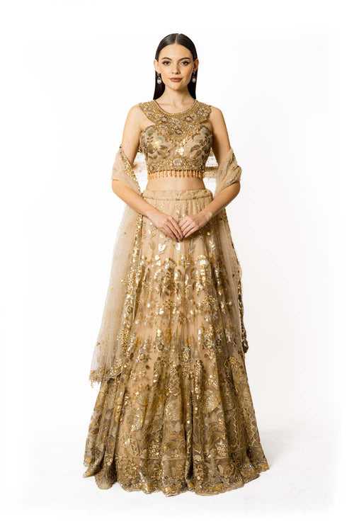 GOLD  NET WITH GOLD NADIA LEHENGA SET