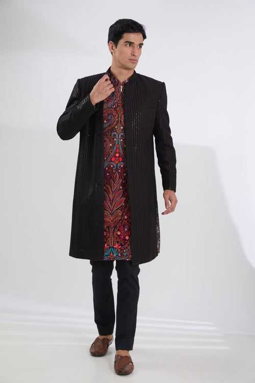 BLACK WAVES LINES SHERWANI WITH MULTI  RESHAM JAAL KURTA AND PANTS