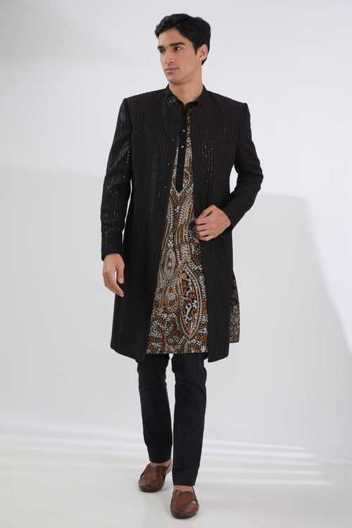 BLACK WAVES LINES SHERWANI WITH MULTI RESHAM JAAL KURTA AND PANTS