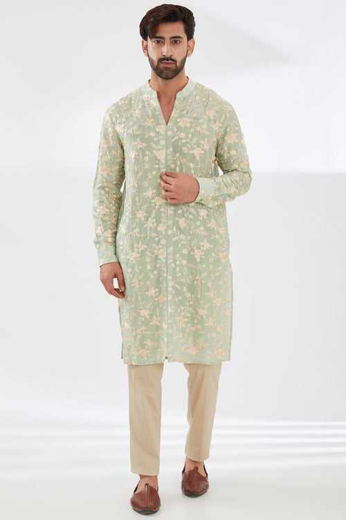 SAGE GREEN PARSI GARA EMBROIDERED UNLINED SILK V NECK KURTA WITH BEIGE PANTS