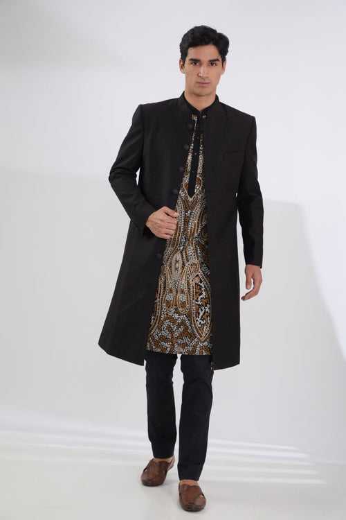 BLACK QUILTED SHERWANI WITH MULTI RESHAM JAAL KURTA AND PANTS