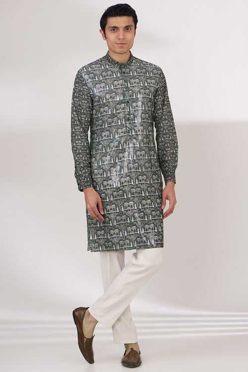 BLACK SHEETING AND GEORGETTE WITH CREPE LINING KURTA AND COTTON SILK PANTS