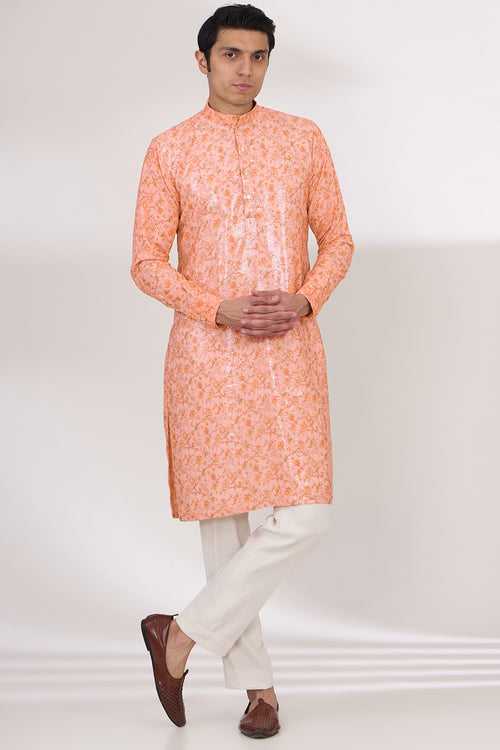 PEACH SHEETING AND GEORGETTE WITH CREPE LINING KURTA AND COTTON SILK PANTS