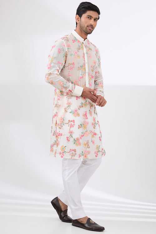 OFFWHITE  FULLY THREAD AND SEQUINS WORK UNLINED KURTA WITH COTTON SILK PANTS