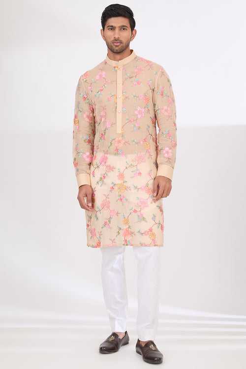 BEIGE FULLY THREAD AND SEQUINS WORK UNLINED KURTA WITH COTTON SILK PANTS