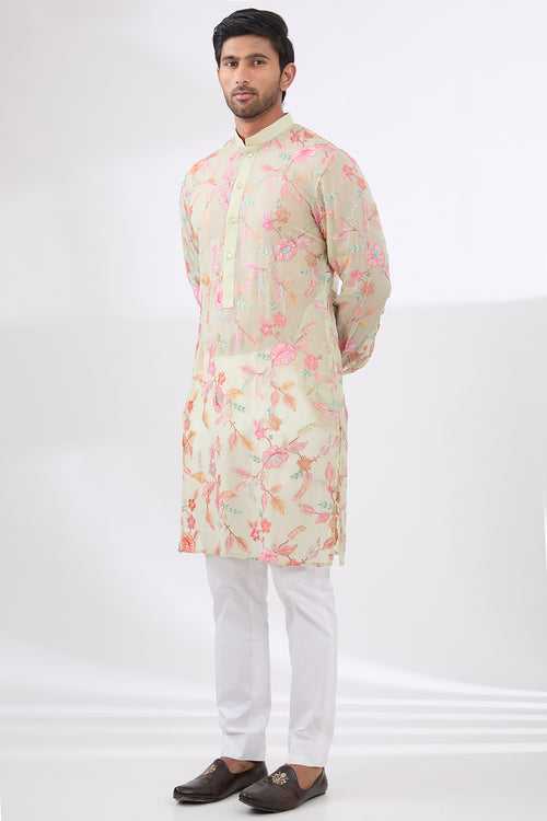 SAGE FULLY THREAD AND SEQUINS WORK UNLINED KURTA WITH COTTON SILK PANTS
