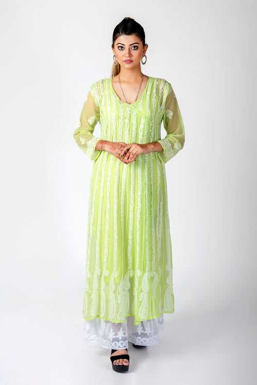 Nice Hand Embroided Skin Freindly Georgette Chikankari Lamon Green Anrkali kurti Lucknow Chikan Emporium.