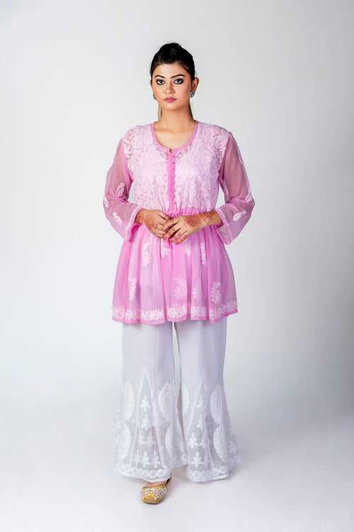 Pink Skin Friendly Hand Chikankari Kurti Lucknow Chikan Emporium.