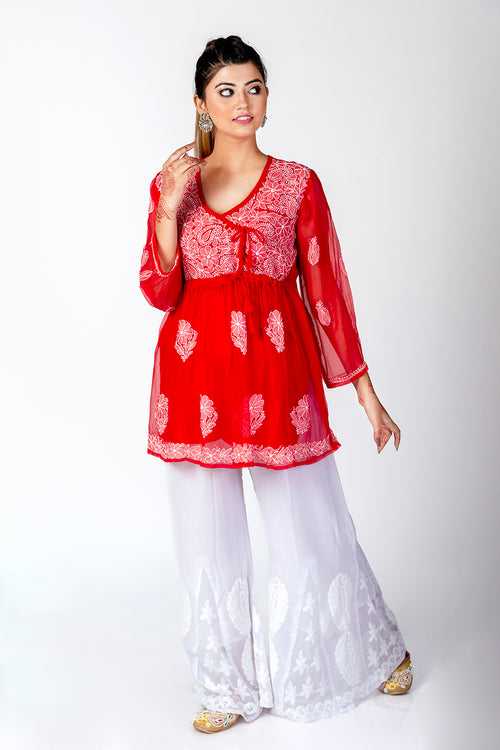 Red Skin Friendly Hand Chikankari Short Kurti Lucknow Chikan Emporium.