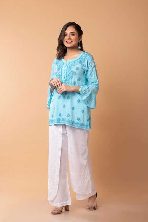 Lucknow Chikan Emporium Hand Chikankari Skin freindly soft cotton short kurti Nice blue Colour.