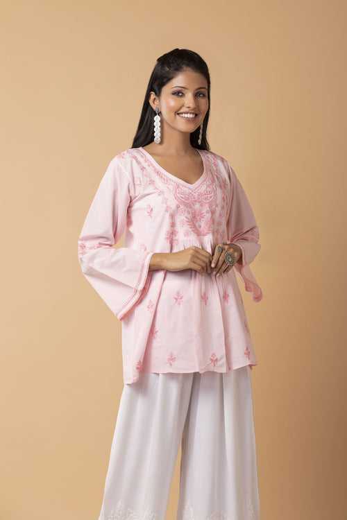 Lucknow Chikan Emporium Hand Chikankari Skin freindly soft cotton short kurti Nice Pink Colour.